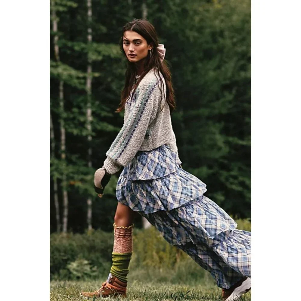 Free People Sawyer Blue Plaid Tiered Maxi Skirt Size Small